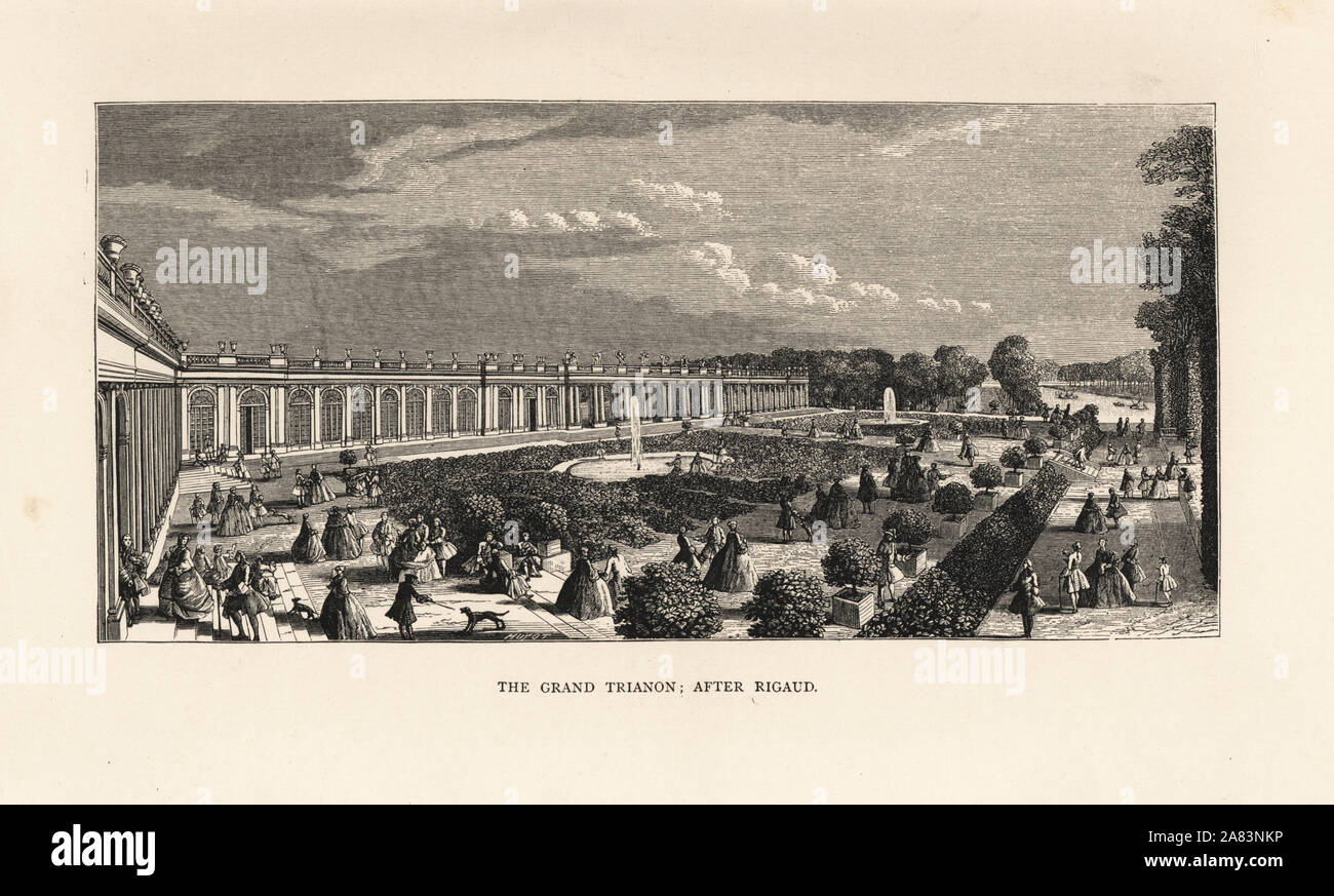 View of the Grand Trianon and its garden or parterre, Versailles, 18th century. Lithograph after Jacques Rigaud from Paul Lacroix' The Eighteenth Century: Its Institutions, Customs, and Costumes, London, 1876. Stock Photo