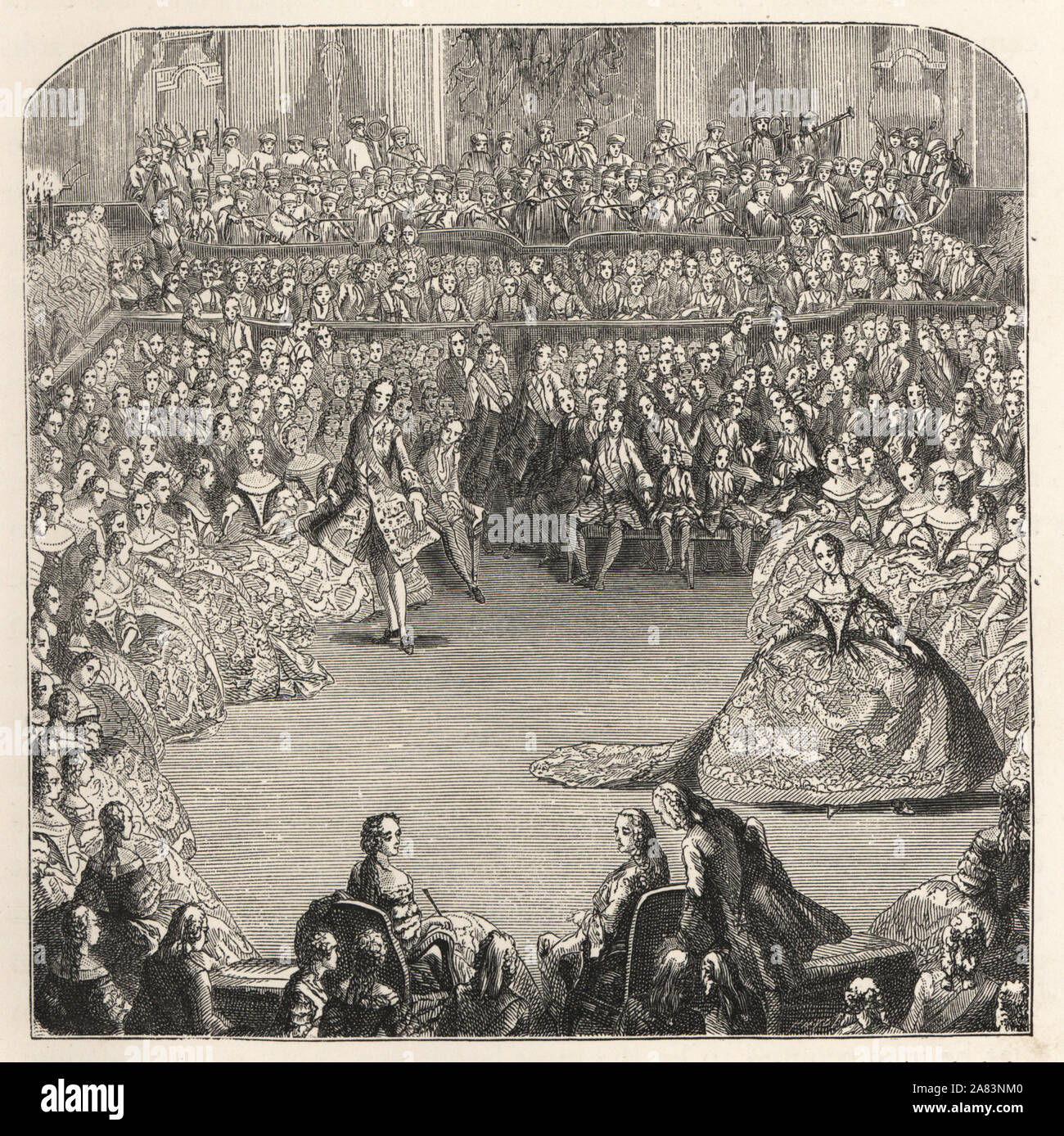 Minuet danced at the State Ball given by the French King, February 24th 1745, in the covered Riding School of the Grand Stables, Versailles. Lithograph after Charles Nicolas Cochin from Paul Lacroix' The Eighteenth Century: Its Institutions, Customs, and Costumes, London, 1876. Stock Photo