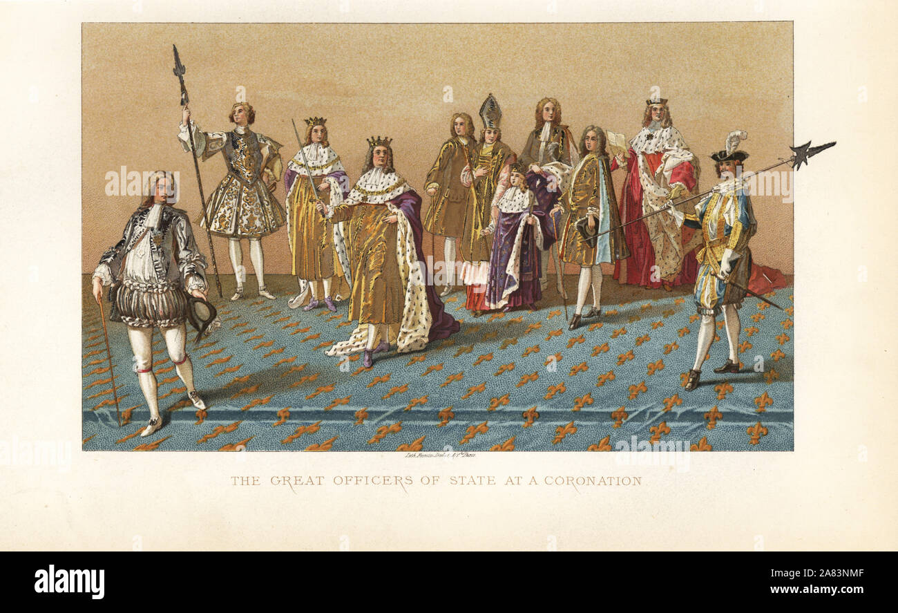 Great officers of state at a French royal coronation ceremony. Chromolithograph from Paul Lacroix' The Eighteenth Century: Its Institutions, Customs, and Costumes, London, 1876. Stock Photo