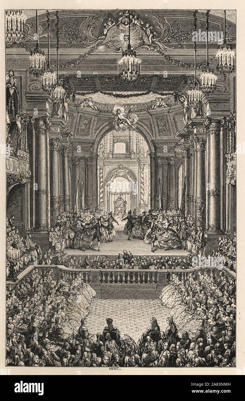 Performance of the comedie-ballet La princess de Navarre (Princess of Navarre) by Voltaire and Jean Philippe Rameau, at the Palace of Versailles. Lithograph after Charles Nicolas Cochin from Paul Lacroix' The Eighteenth Century: Its Institutions, Customs, and Costumes, London, 1876. Stock Photo