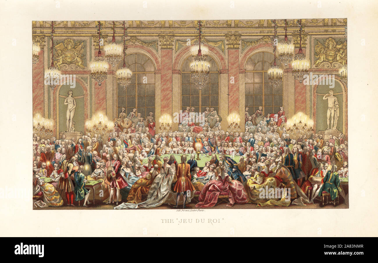 Courtiers and aristocrats playing the game of roulette, or the Jeu du Roi. Chromolithograph from Paul Lacroix' The Eighteenth Century: Its Institutions, Customs, and Costumes, London, 1876. Stock Photo