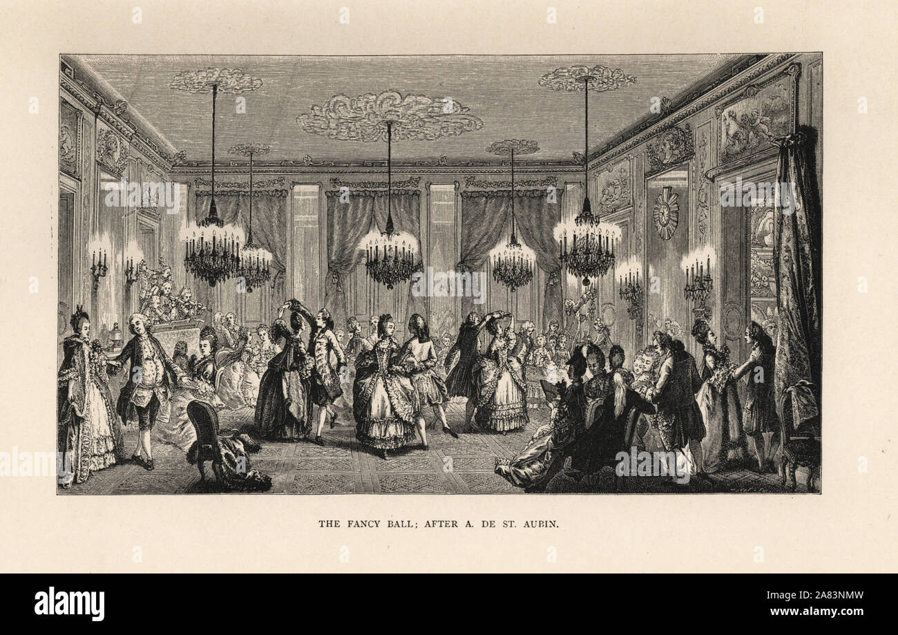 Fancy Ball at the House of Monsieur Villemorien Fila. Lithograph after Augustin de Saint-Aubin from Paul Lacroix' The Eighteenth Century: Its Institutions, Customs, and Costumes, London, 1876. Stock Photo