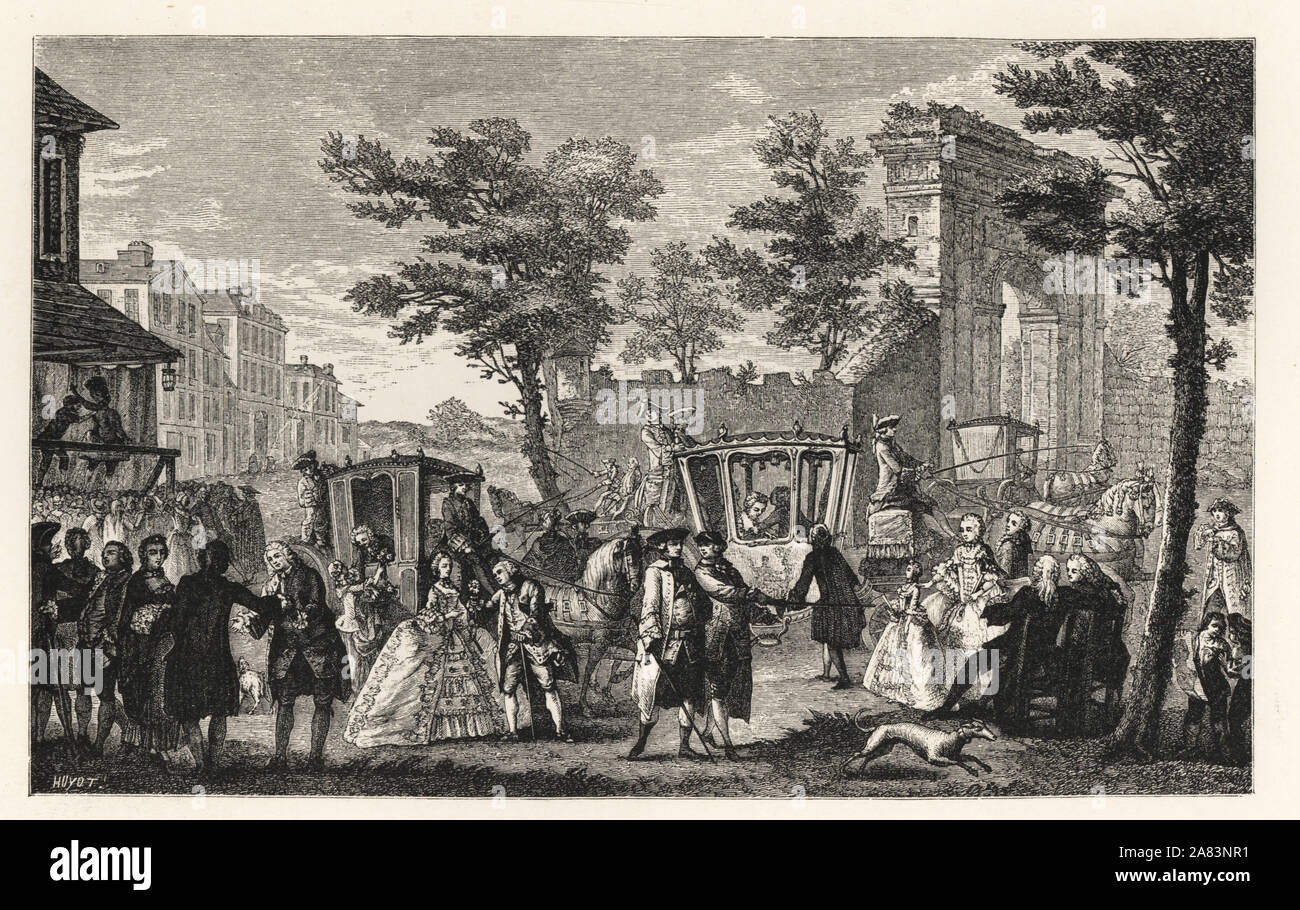 Fashionable society arriving in coaches for a promenade in Paris, 18th century. Lithograph after Augustin de Saint Aubin from Paul Lacroix' The Eighteenth Century: Its Institutions, Customs, and Costumes, London, 1876. Stock Photo