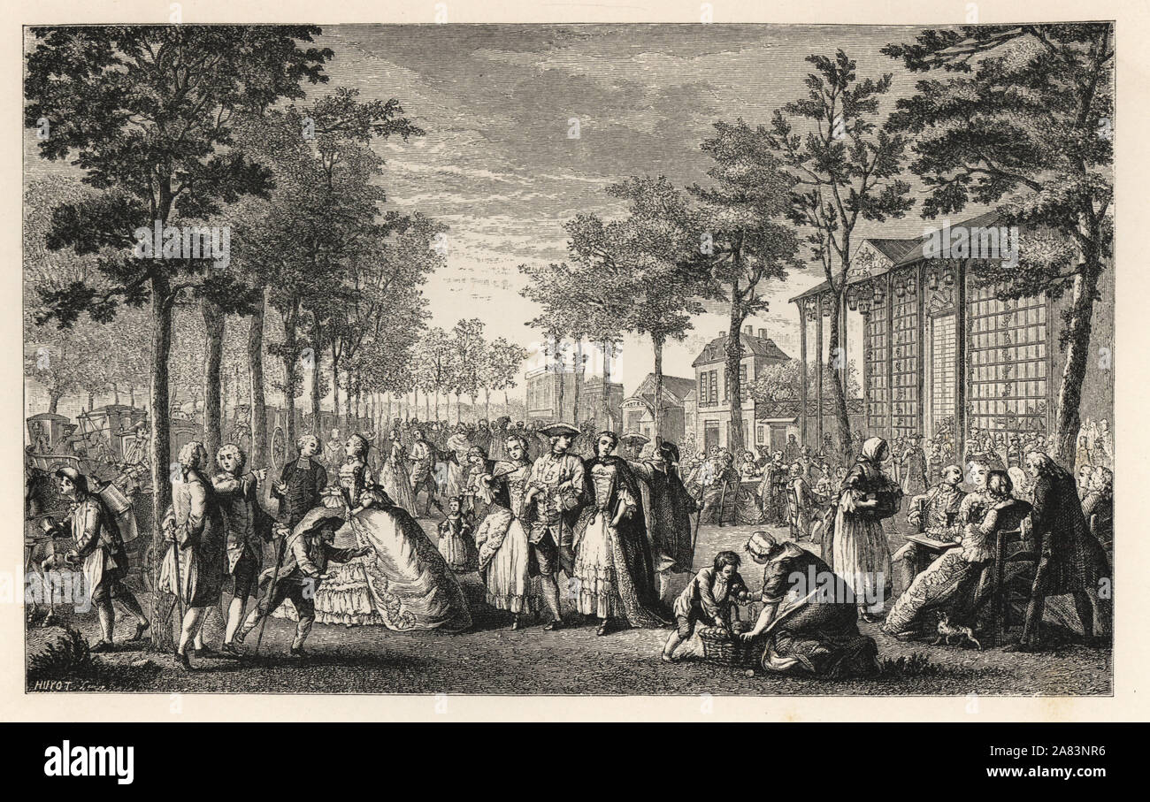 Fashionable society promenading on the Ramparts of Paris. Lithograph after Augustin de Saint Aubin from Paul Lacroix' The Eighteenth Century: Its Institutions, Customs, and Costumes, London, 1876. Stock Photo