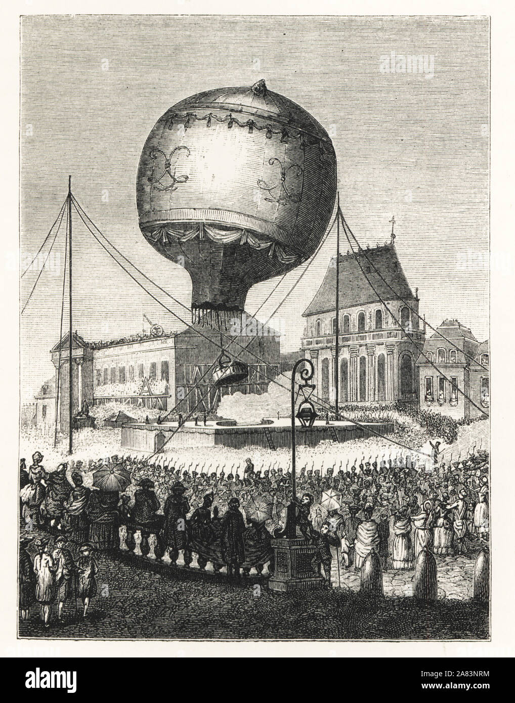 The Montgolfier brothers' balloon launch from Versailles in the presence of the king, September 1783. Joseph-Michel Montgolfier and Jacques-Etienne Montgolfier.  Lithograph from Paul Lacroix' The Eighteenth Century: Its Institutions, Customs, and Costumes, London, 1876. Stock Photo