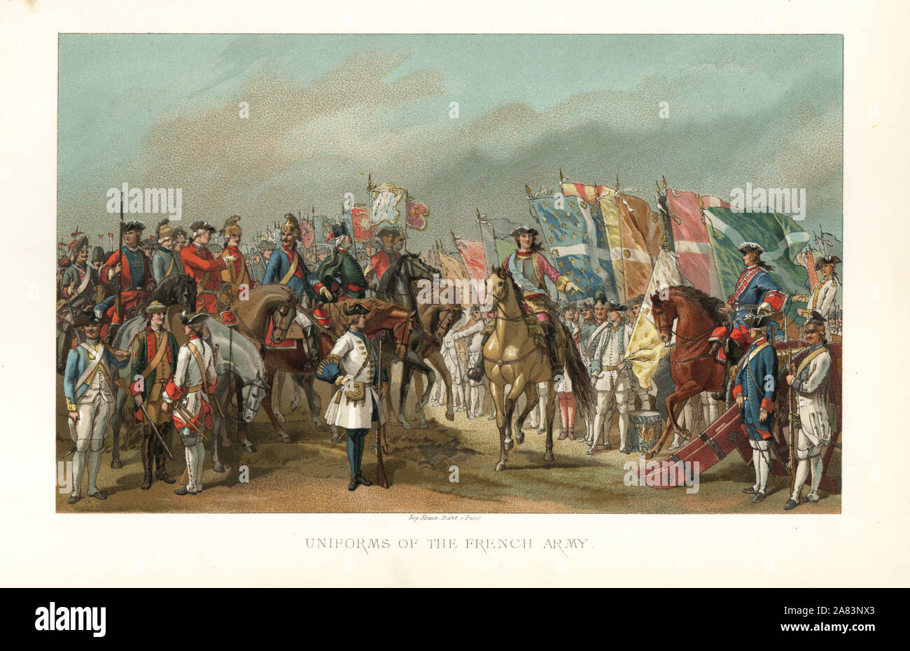 Uniforms of the French Army in the 18th century. Chromolithograph from Paul Lacroix' The Eighteenth Century: Its Institutions, Customs, and Costumes, London, 1876. Stock Photo