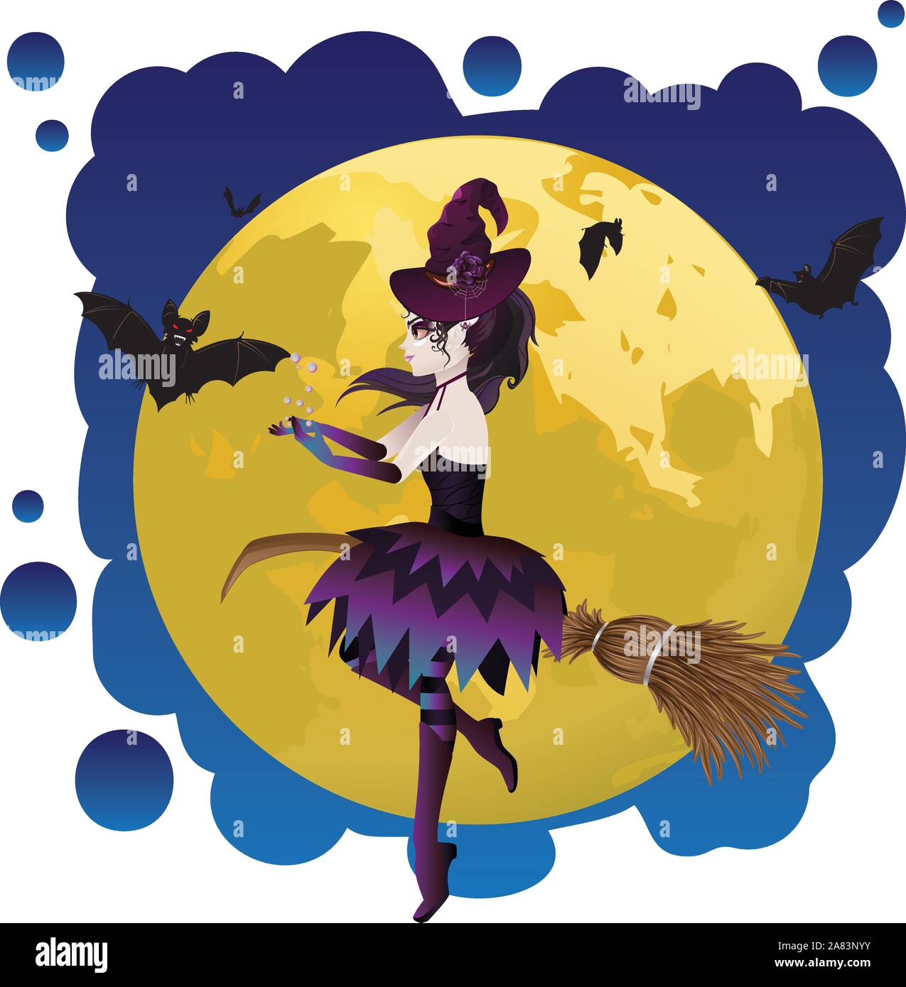 Halloween witch flying on a broomstick over yellow full moon Stock ...