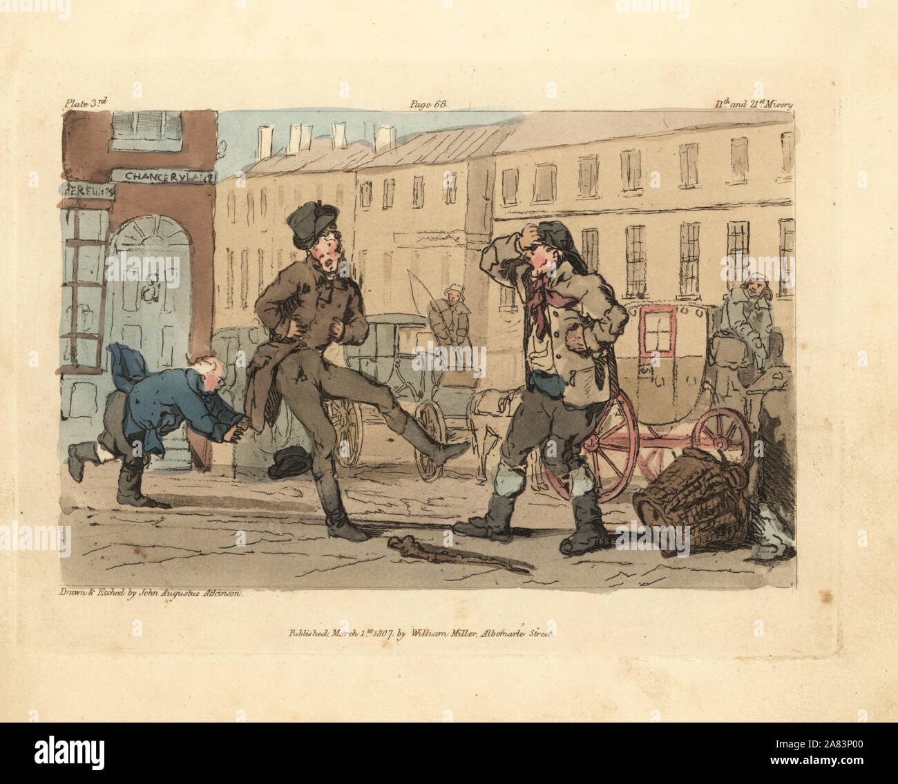 Headbutting collision between a gentleman and a scavenger on Chancery Lane, London. Handcoloured copperplate drawn and etched by John Augustus Atkinson from Illustrations of the Miseries of Human Life, William Miller, London, 1807. Stock Photo
