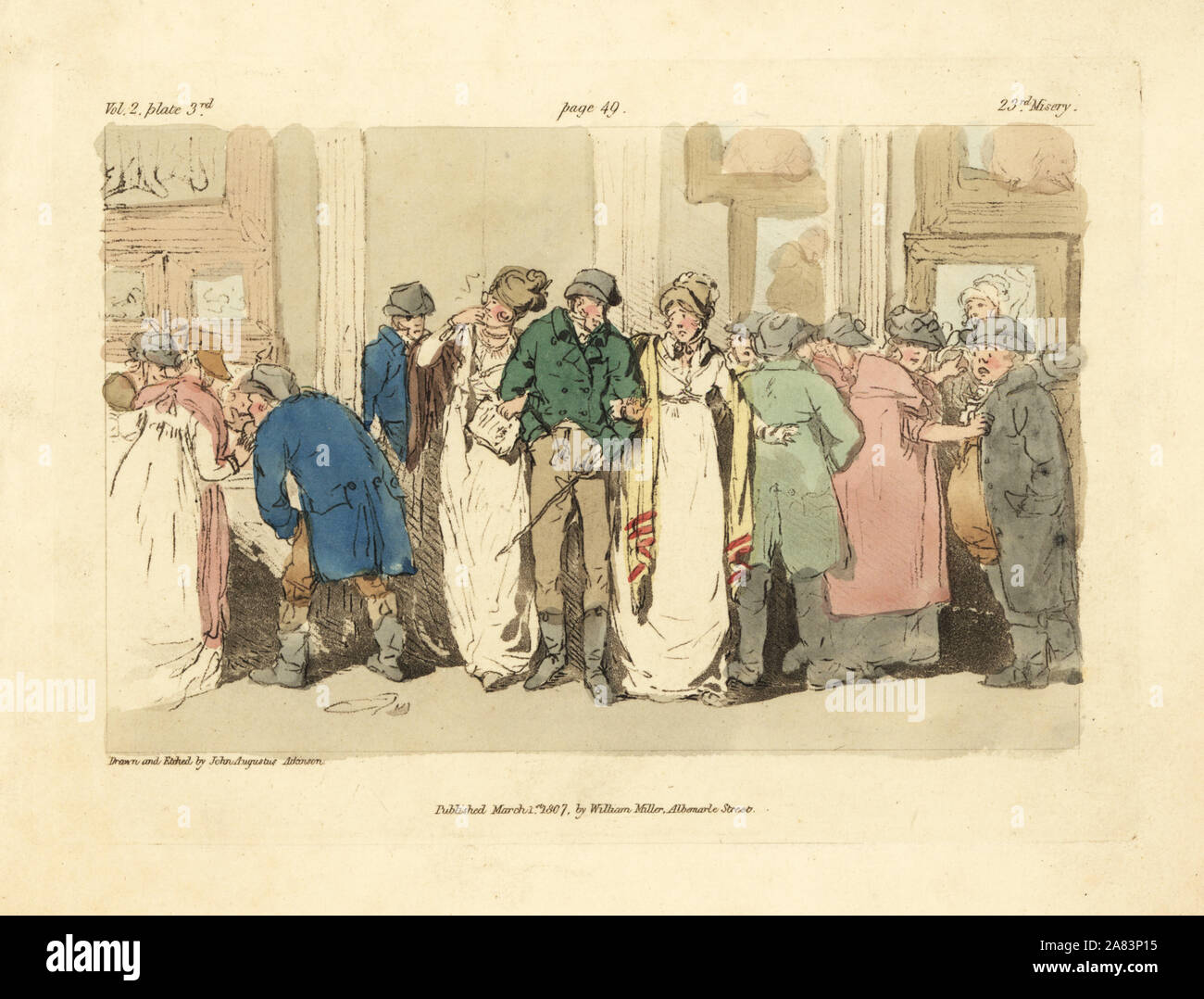 Fashionable visitors disgusted to find a gallery filled with the hoi-polloi and riff-raff. Handcoloured copperplate drawn and etched by John Augustus Atkinson from Illustrations of the Miseries of Human Life, William Miller, London, 1807. Stock Photo