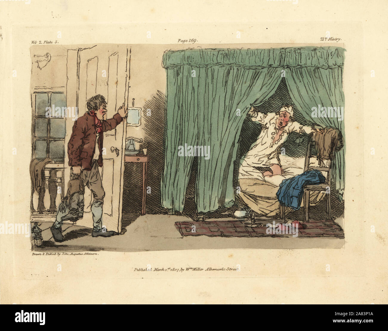 Traveller in a bedroom awoken every hour by the innkeeper calling for stage-coach passengers. Handcoloured copperplate drawn and etched by John Augustus Atkinson from Illustrations of the Miseries of Human Life, William Miller, London, 1807. Stock Photo