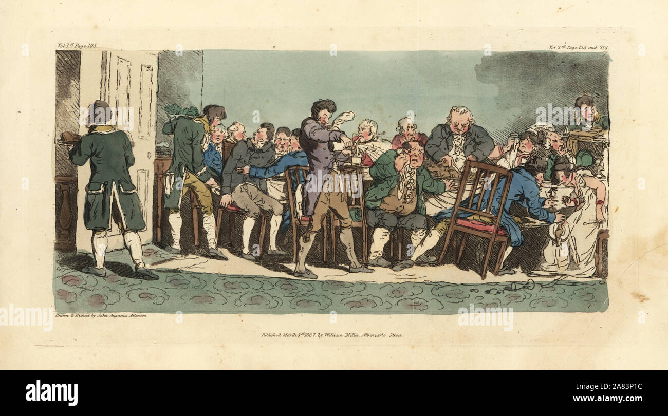 Dining-table accidents in a restaurant. Gentleman dropping a full plate on a lady's lap, waiter opening a bottle of beer in a customer's face, another waiter knocking a diner, etc. Handcoloured copperplate drawn and etched by John Augustus Atkinson from Illustrations of the Miseries of Human Life, William Miller, London, 1807. Stock Photo