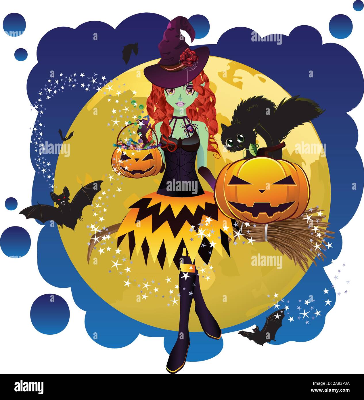 Halloween witch flying on a broomstick over yellow full moon Stock ...