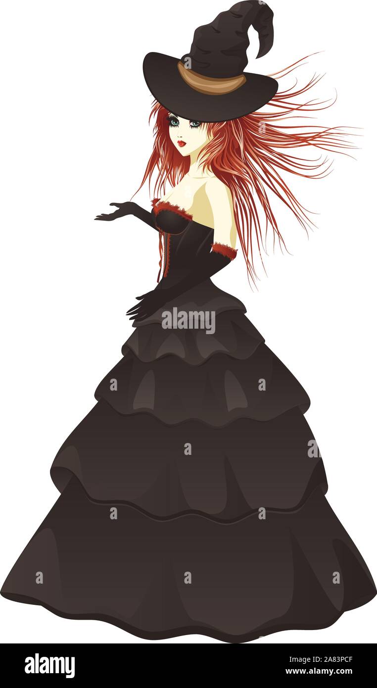 Red haired witch in long black dress Stock Vector Image & Art - Alamy