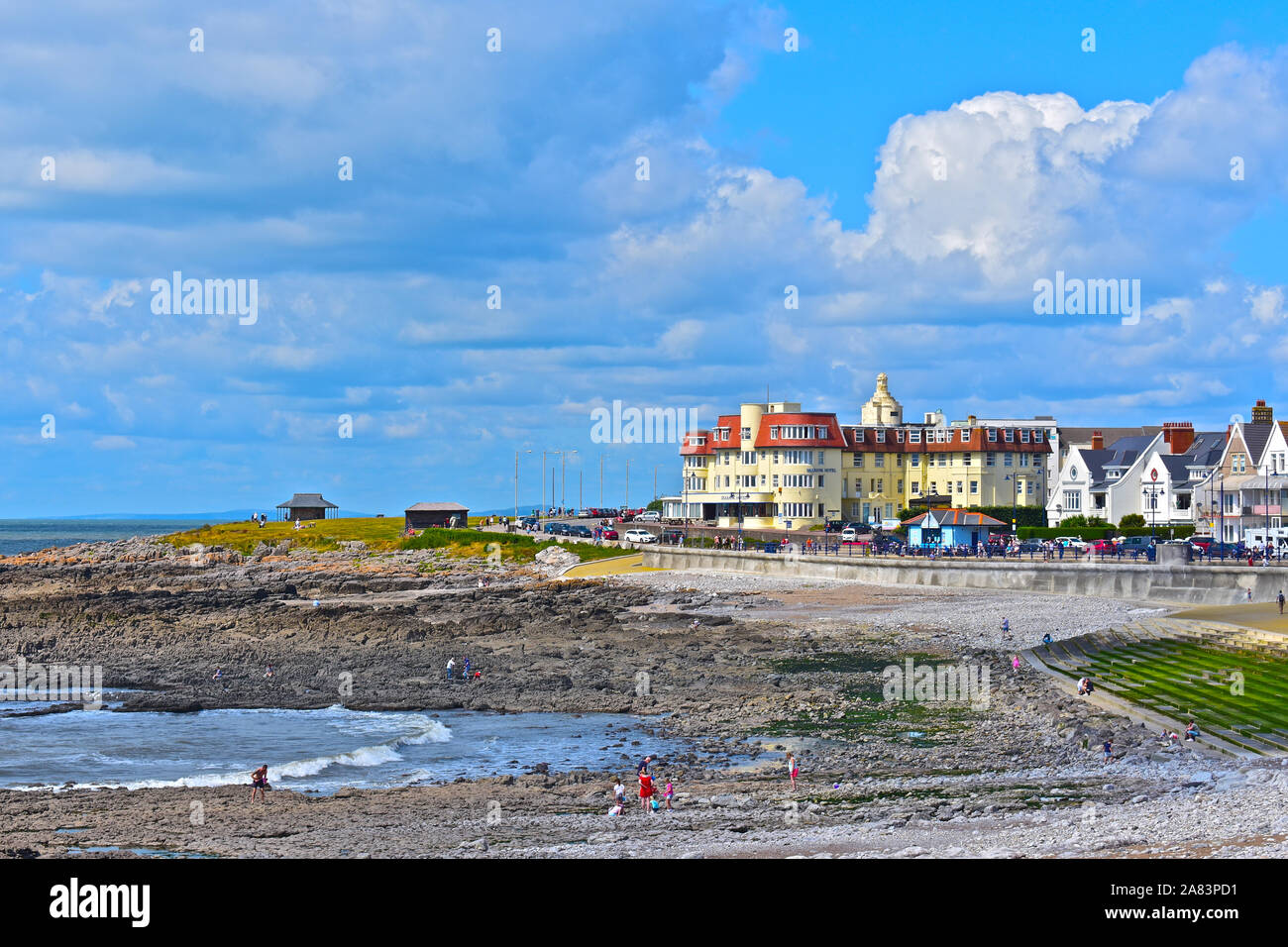A view across the beach at Porthcawl towards the Seabank Hotel in the