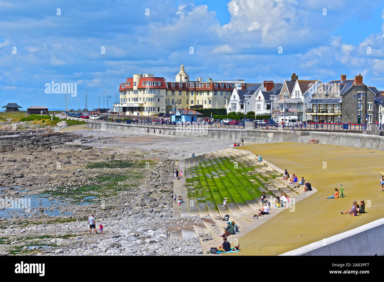 A view across the beach at Porthcawl towards the Seabank Hotel in the