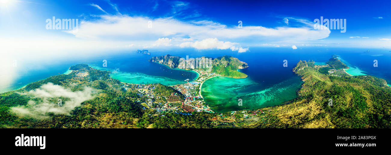 Tonsai Village and the mountains of Koh Phi Phi island in Thailand Stock Photo