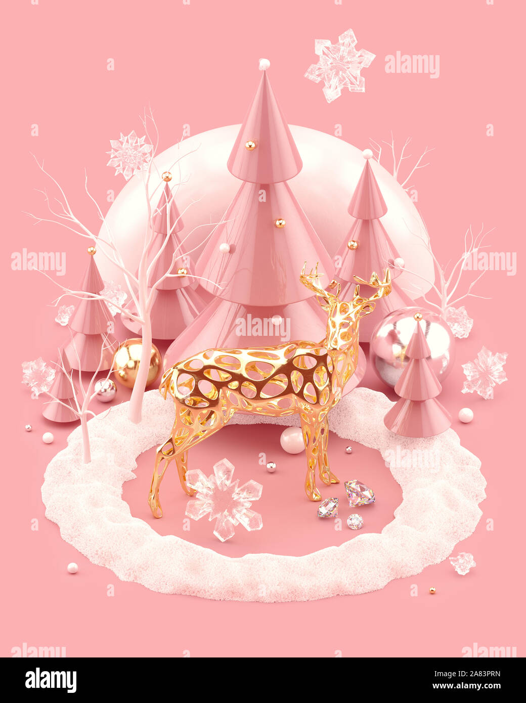 Christmas 3D illustration with golden Reindeer and festive Christmas trees. Abstract composition isolated on pink background. 3d rendering. Stock Photo