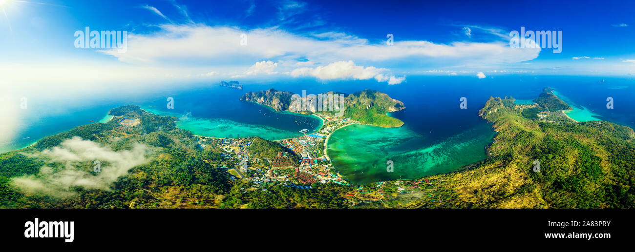 View point of Phi Phi Island from high place at sunset time, Krabi, Thailand Stock Photo