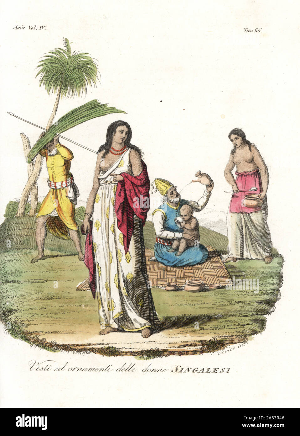 Costume of a Singhalese woman in Sri Lanka. A man sheltering from the rain under a talipot palm leaf and a seated man drinking from a vase. Handcoloured copperplate drawn and engraved by Andrea Bernieri after Robert Knox from Giulio Ferrario's Ancient and Modern Costumes of all the Peoples of the World, Florence, Italy, 1844. Stock Photo