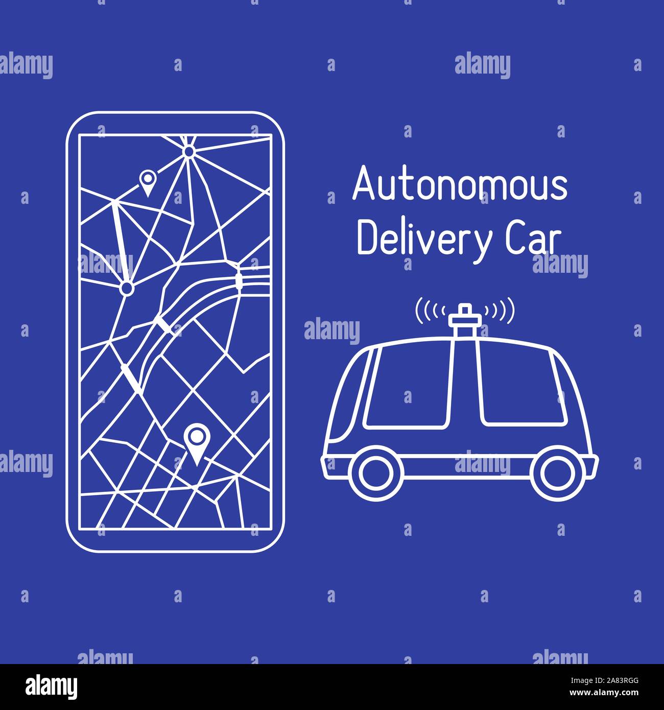 Vector illustration with self-driving car, automated car, autonomous vehicle,  driverless car. Navigation, remote control, tracking transport. Order i Stock Vector