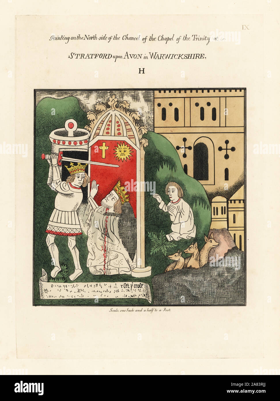 Byzantine Emperor Heraclius decapitating Sassanid Persian King Khosrau II. Handcoloured etching drawn and etched by Thomas Fisher from his Paintings on the Walls of the Chapel of the Trinity, Stratford upon Avon, 1808. Stock Photo