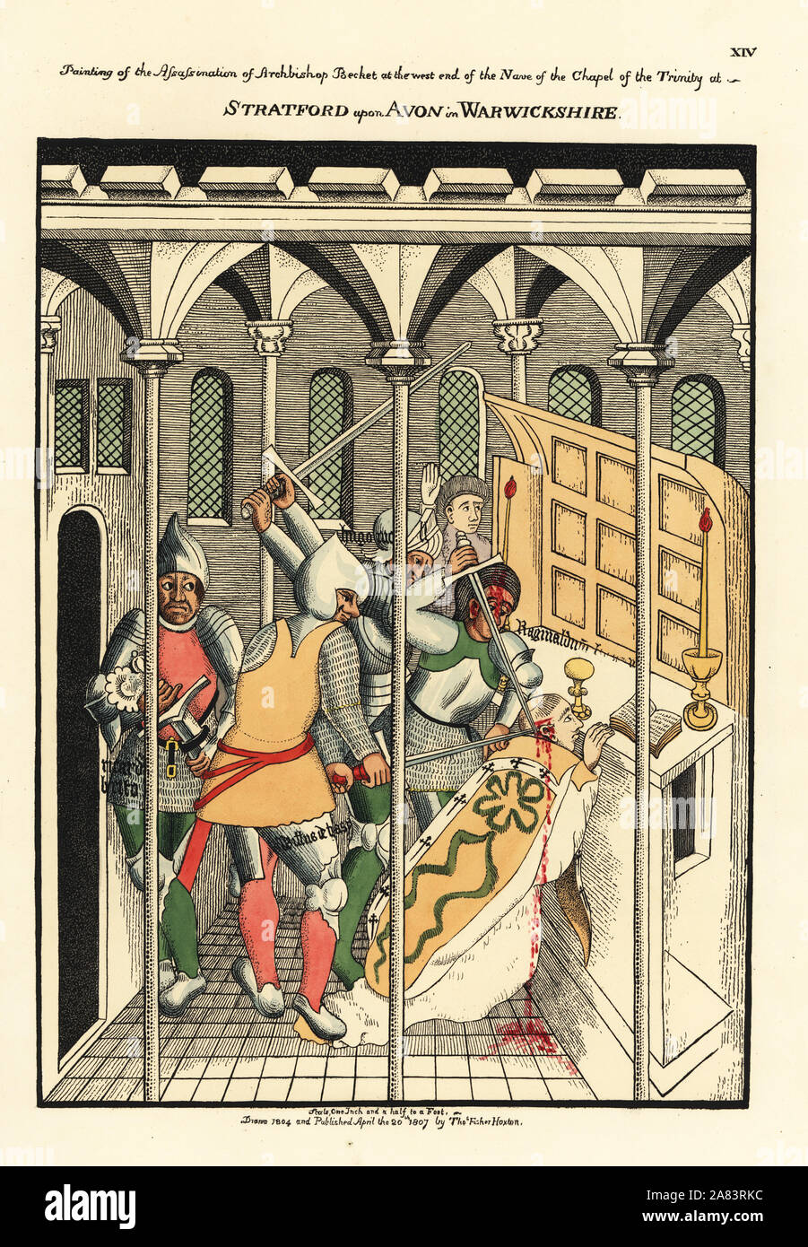 The murder of St. Thomas a Becket at Canterbury by the knights William de Tracy, Reginald Fitzurse, Hugh Morville and Richard Brito. Handcoloured etching drawn and etched by Thomas Fisher from his Paintings on the Walls of the Chapel of the Trinity, Stratford upon Avon, 1808. Stock Photo