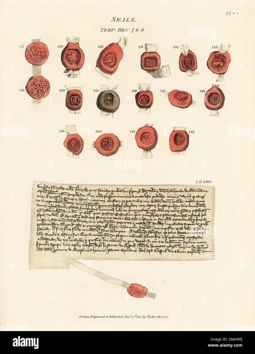 Various personal seals from the time of Henry VII and Henry VII, and a promisory deed by Robert Batheman from 1308. Handcoloured etching drawn and etched by Thomas Fisher from his Paintings on the Walls of the Chapel of the Trinity, Stratford upon Avon, 1808. Stock Photo