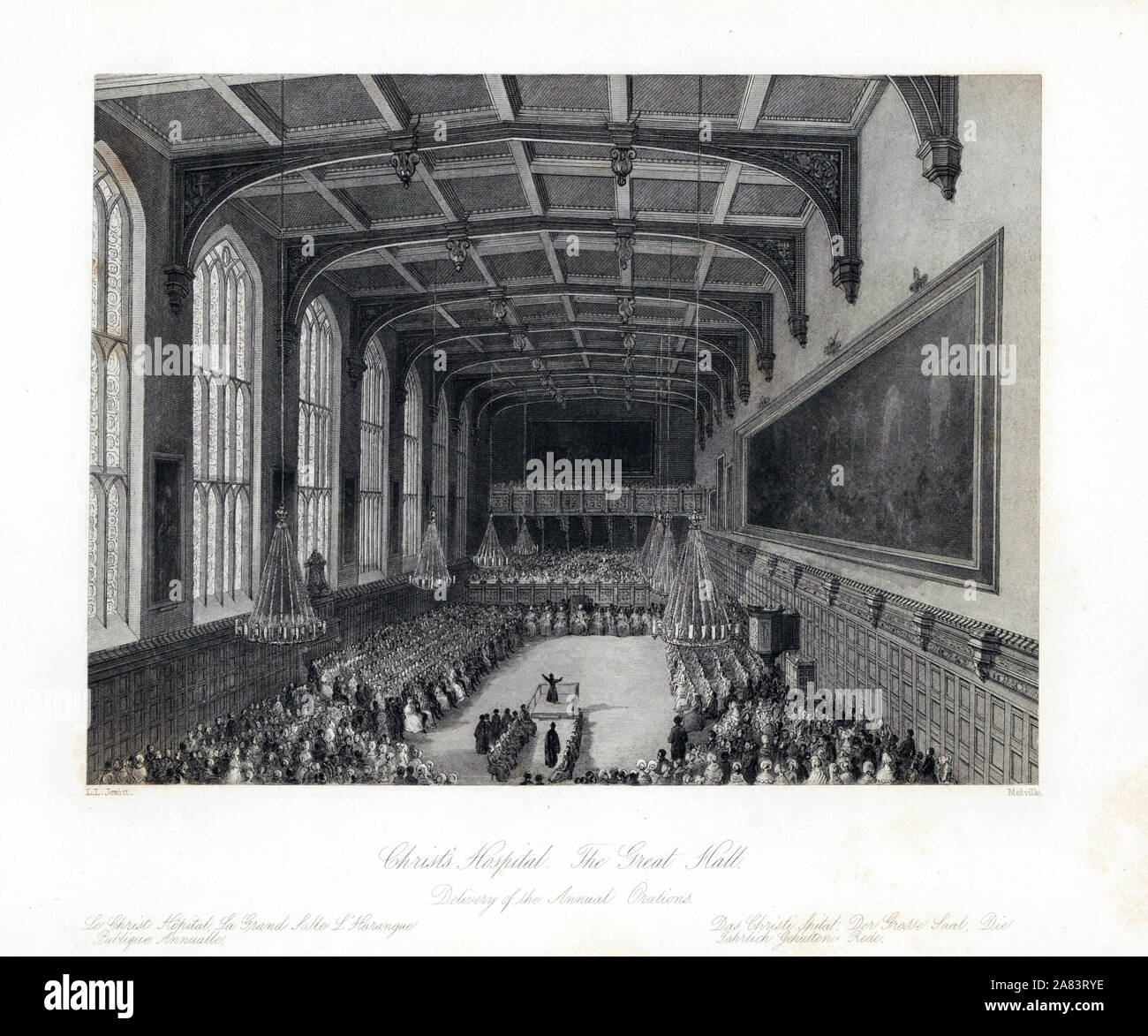 Delivery of the annual orations in the Great Hall, Christ's Hospital. Steel engraving by Henry Melville after an illustration by Llewellyn Jewitt from London Interiors, Their Costumes and Ceremonies, Joshua Mead, London, 1841. Stock Photo