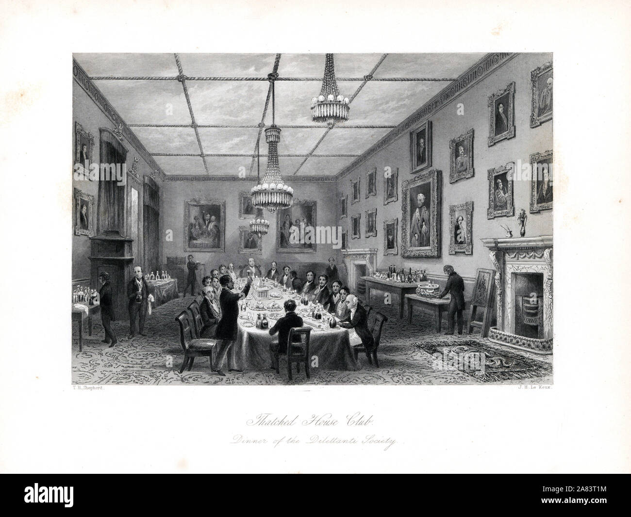 A toast during the Dilettanti Society dinner, Thatched House Tavern, St. James' Street. Members included Sir William Gell, Sir WIlliam Hamilton, Sir Henry Englefield, etc. Steel engraving by J.H. le Keux after an illustration by Thomas Hosmer Shepherd from London Interiors, Their Costumes and Ceremonies, Joshua Mead, London, 1841. Stock Photo