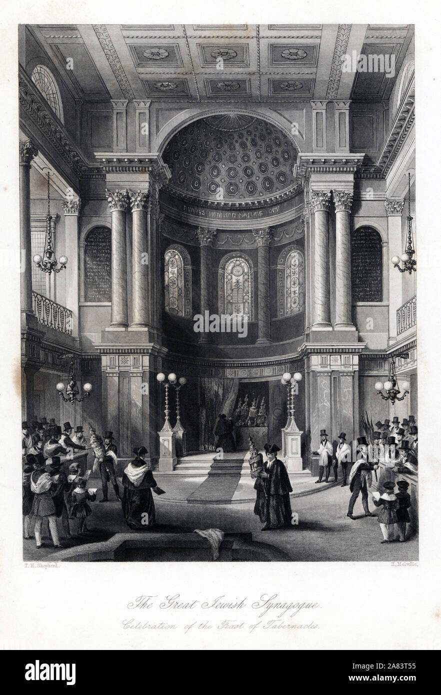 Celebration of the Feast of Tabernacles at the Great Synagogue, St. Helen's Place. Steel engraving by Henry Melville after an illustration by Thomas Hosmer Shepherd from London Interiors, Their Costumes and Ceremonies, Joshua Mead, London, 1841. Stock Photo
