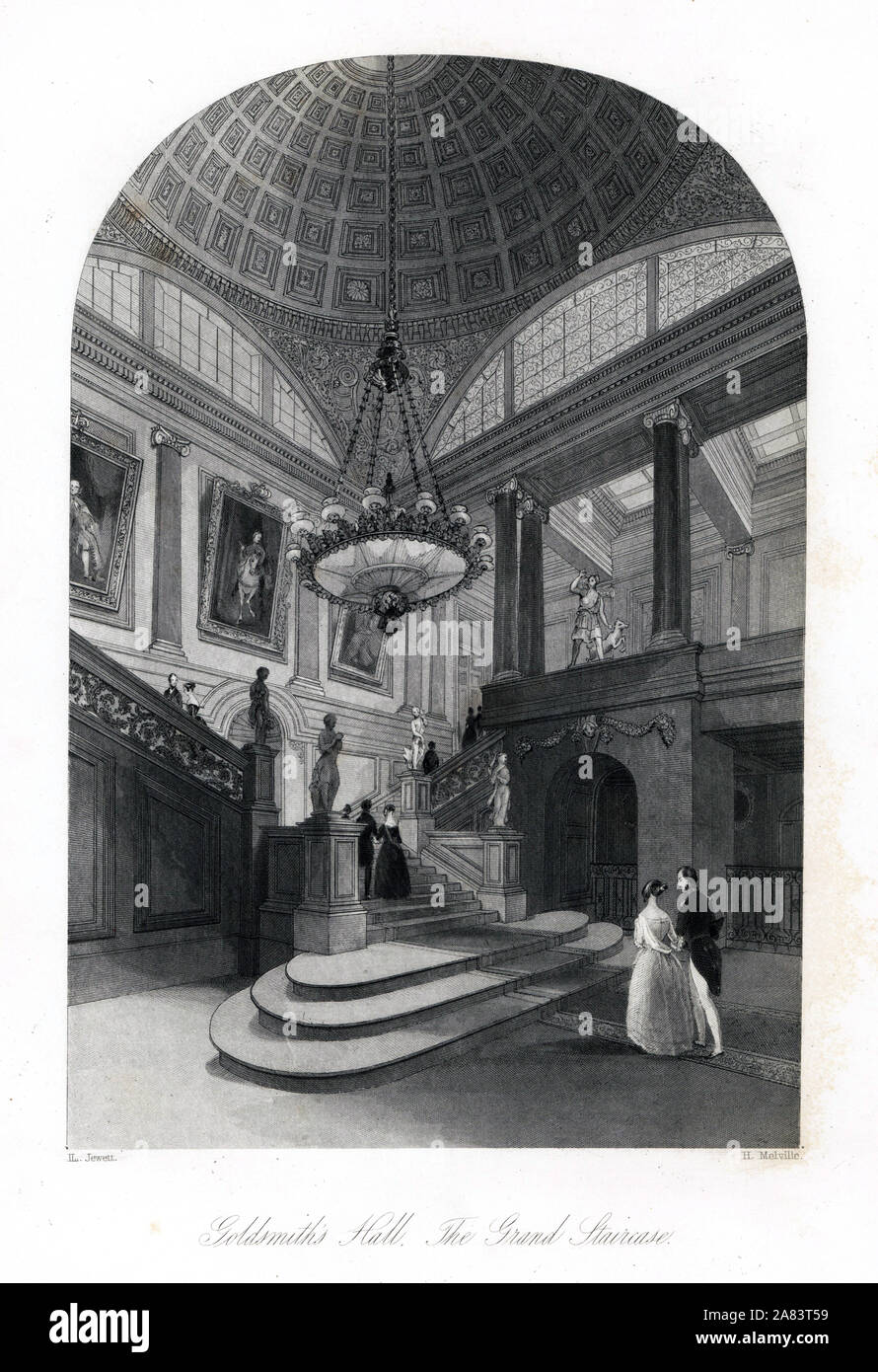 The grand staircase, Goldsmith's Hall. Steel engraving by Henry Melville after an illustration by Llewellyn Jewitt from London Interiors, Their Costumes and Ceremonies, Joshua Mead, London, 1841. Stock Photo