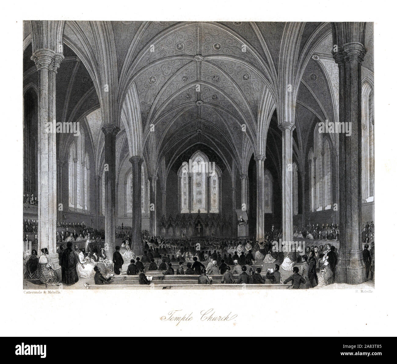 Vaulted ceiling and stained-glass windows in Temple Church. Steel engraving by Henry Melville after an illustration by George Cattermole and Henry Melville from London Interiors, Their Costumes and Ceremonies, Joshua Mead, London, 1841. Stock Photo