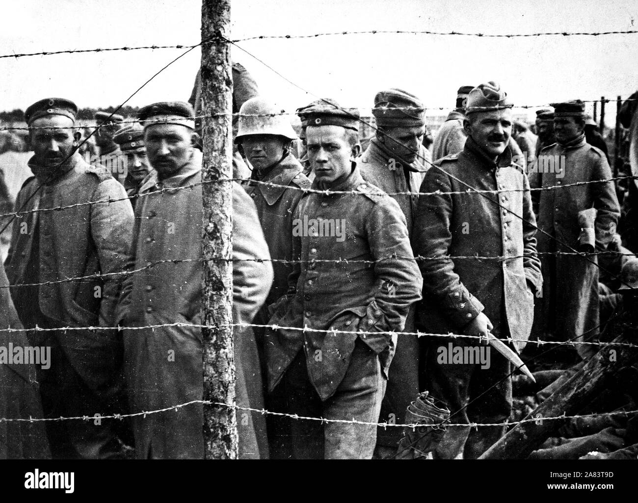 Captured German soldiers are now prisoners in a French prison camp. Stock Photo