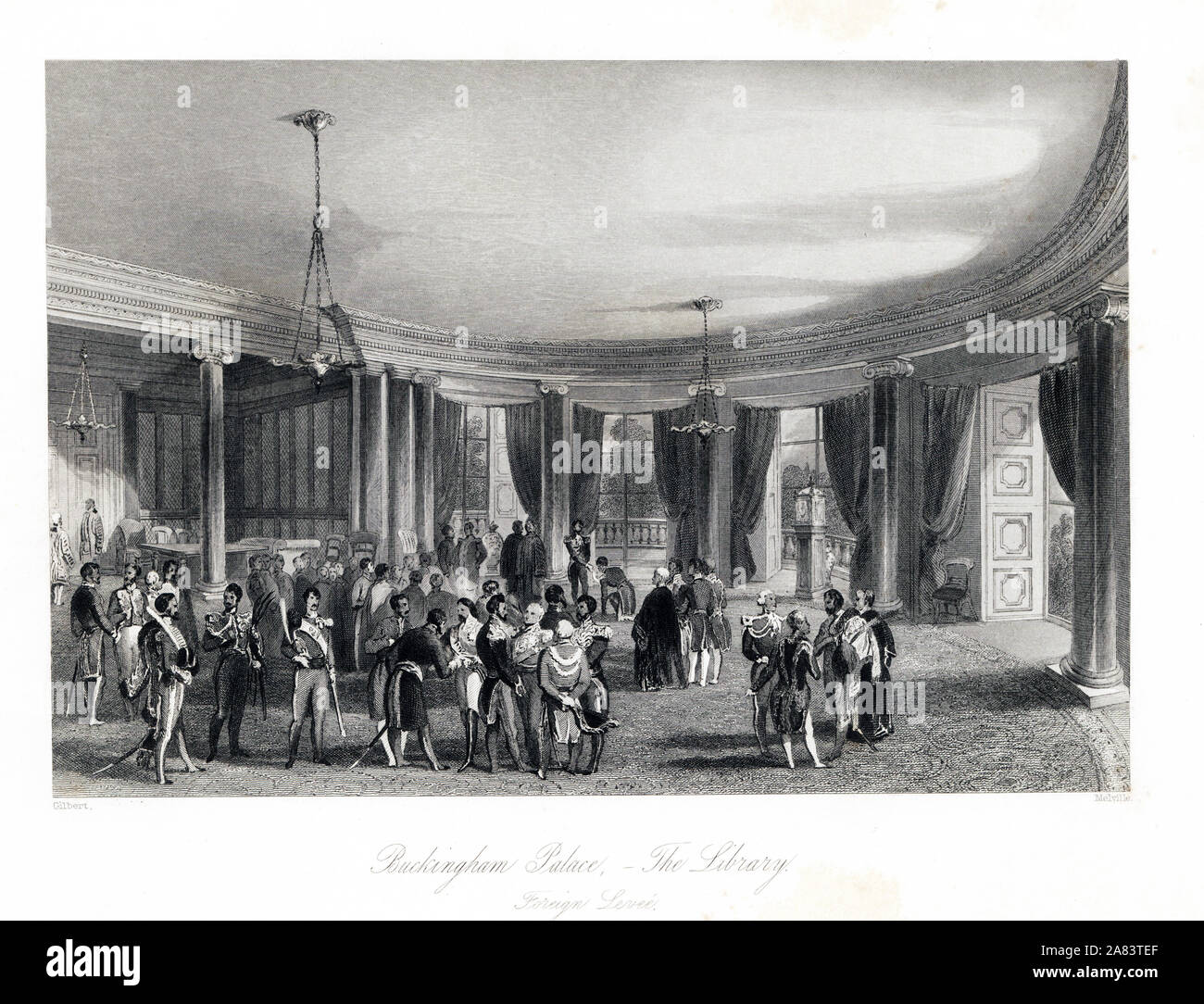 Foreign levee in the Library at Buckingham Palace. Foreign dignitaries in military uniform in a large room with windows onto a garden. Steel engraving by Henry Melville after an illustration by Gilbert from London Interiors, Their Costumes and Ceremonies, Joshua Mead, London, 1841. Stock Photo