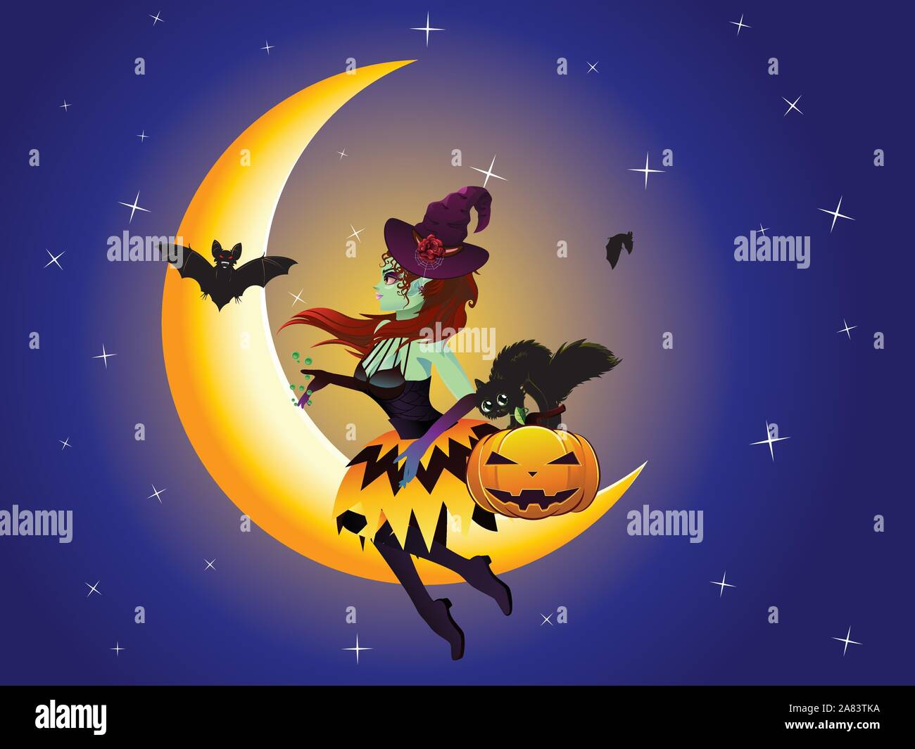 Cute halloween witch with black cat on the crescent moon. Stock Vector