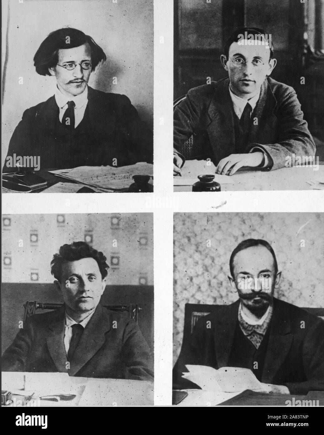 Four of the leaders of the Bolsheviki regime in Russia, now fast crumbling under the rapid advance of the Czecho-Slavic and Allied forced now in Russia 9 4 1918 recd  The upper two are M. Anton, commander in chief of the Red Guards (left), and M. Volardosky, Minister of Propaganda. Below, left to right are M. Zinovief, President of the commune at Petrograd and M. Tchitcherine, Minister of Foreign Affairs Stock Photo