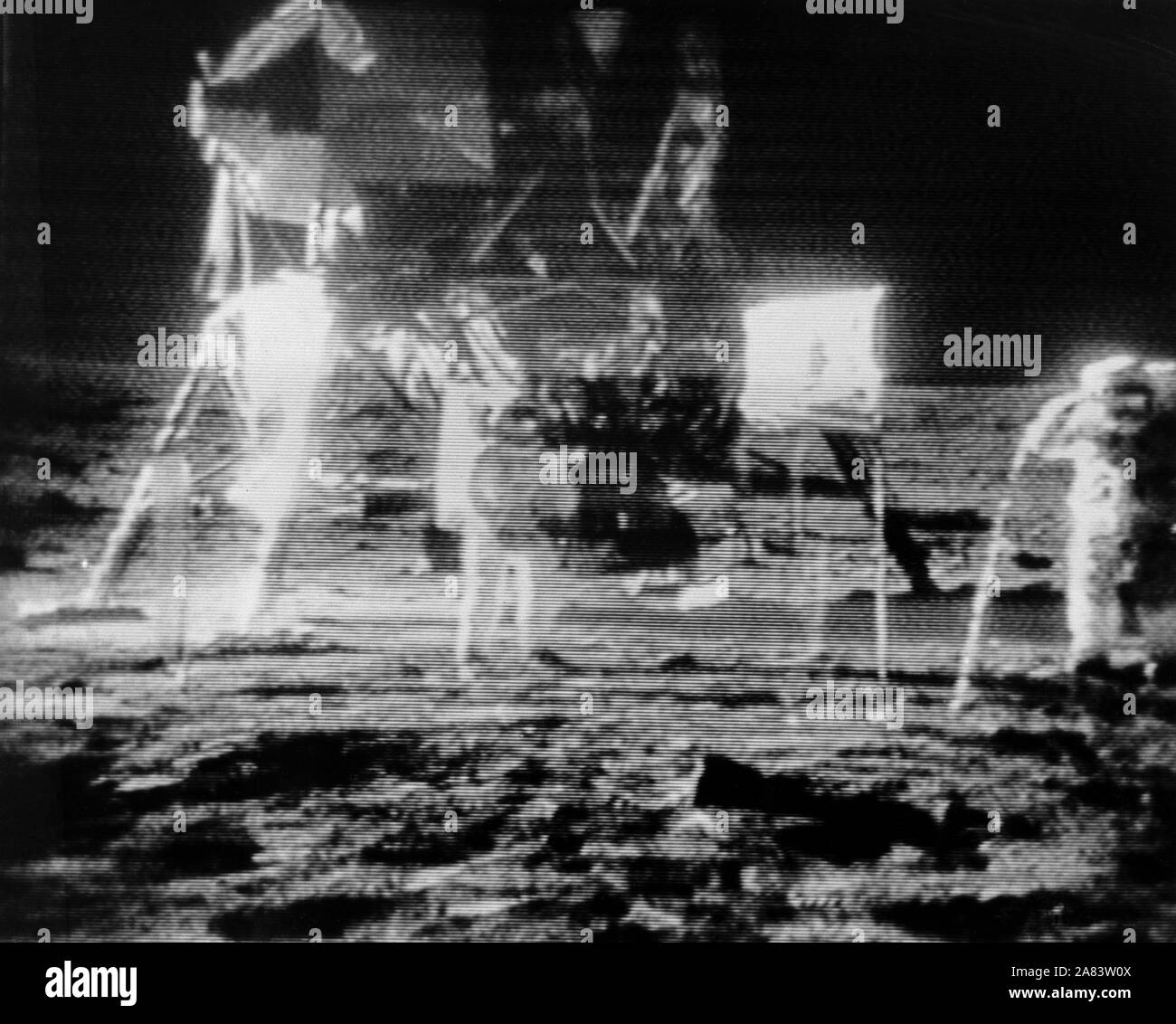 black and white reproduction taken from a telecast by the Apollo 11 lunar surface camera. Stock Photo