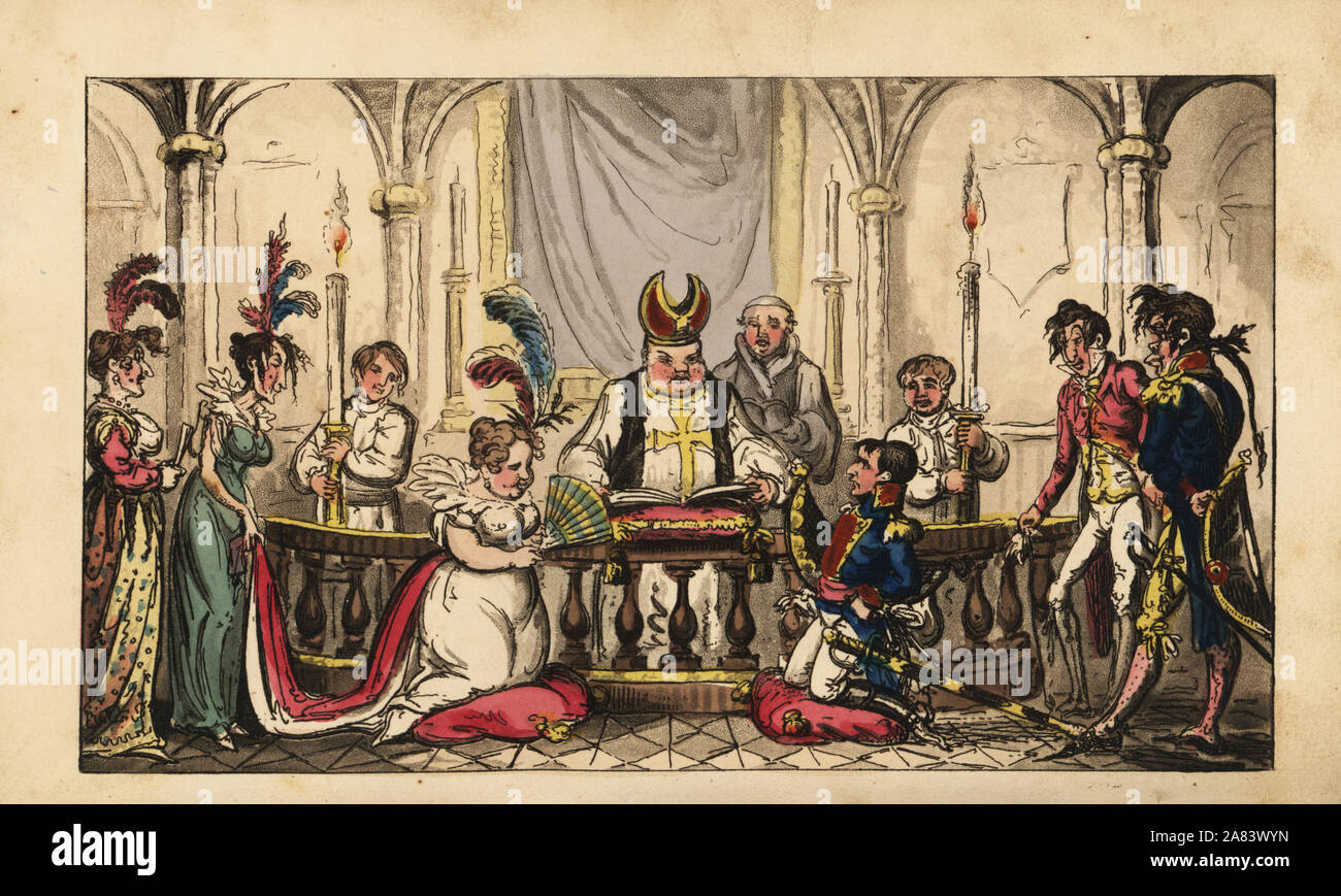 Marriage of Napoleon Bonaparte and Josephine de Beauharnais at Notre Dame, 1804. Handcoloured copperplate engraving by George Cruikshank from The Life of Napoleon a Hudibrastic Poem by Doctor Syntax, T. Tegg, London, 1815. Stock Photo
