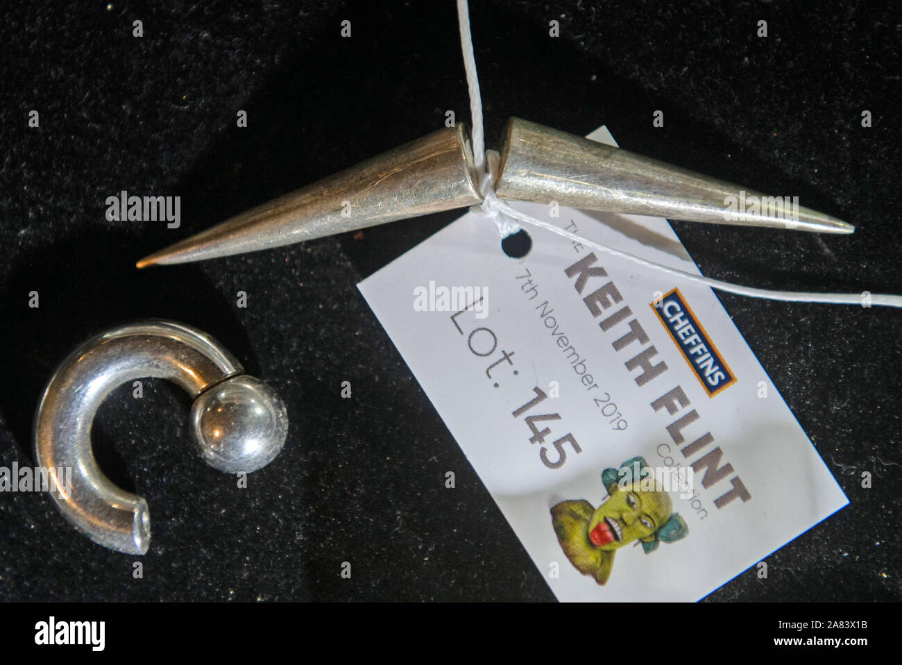 Keith Flint's piercings on display at Cheffins auctioneers in Cambridge, as the Prodigy star's personal belongings go under the hammer on Thursday. Stock Photo