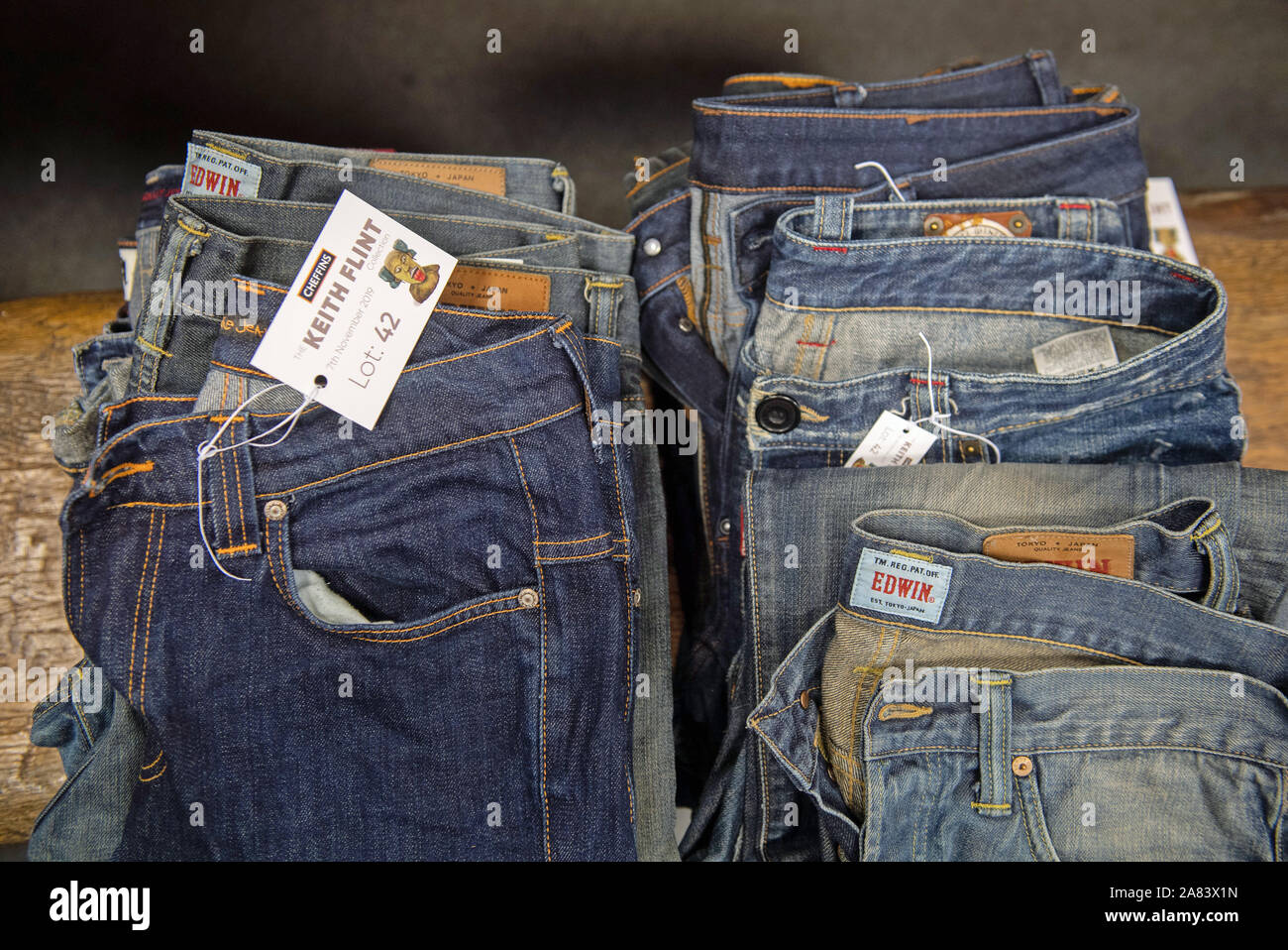 Keith Flint's jeans on display at Cheffins auctioneers in Cambridge, as the Prodigy star's personal belongings go under the hammer on Thursday. Stock Photo