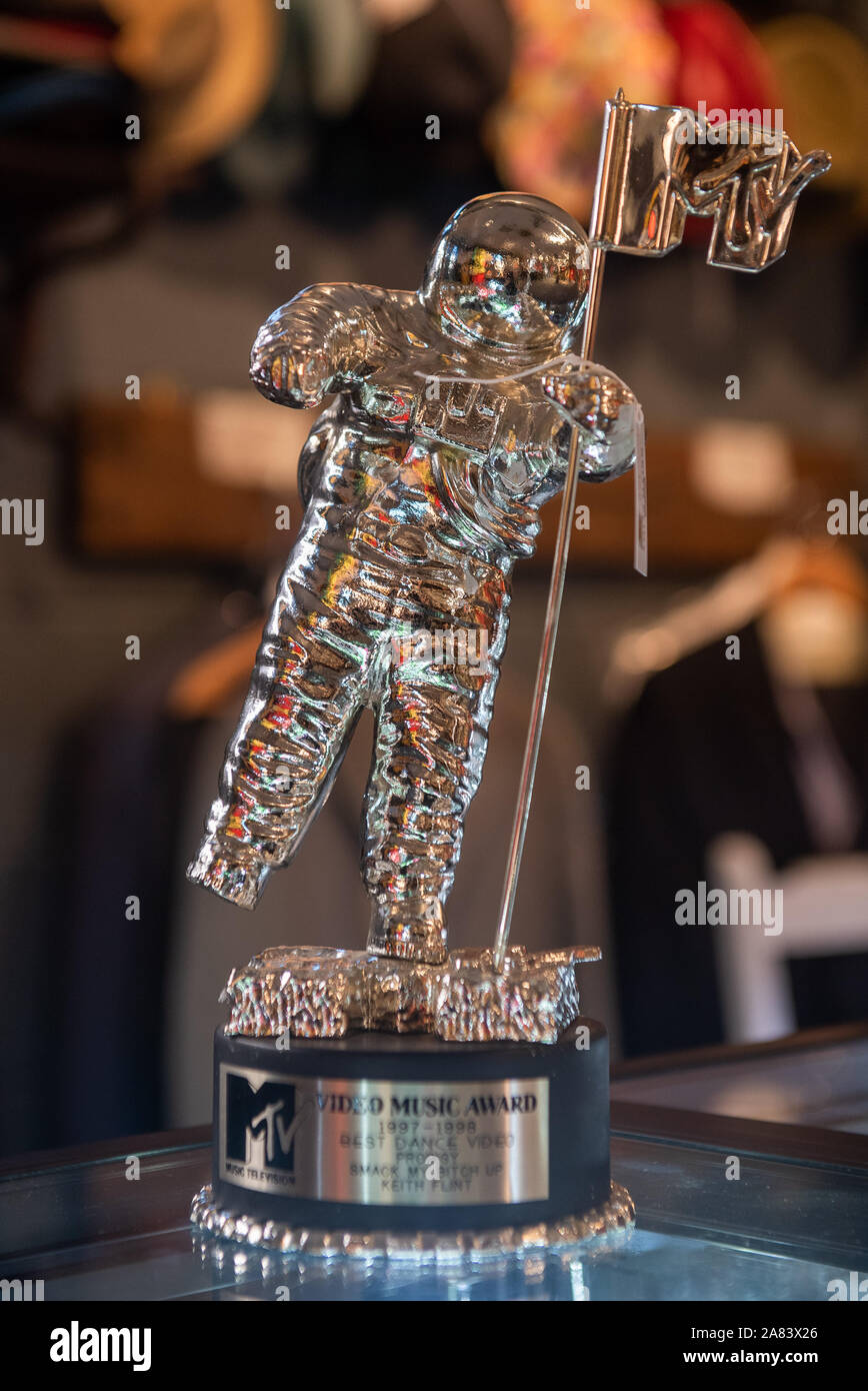Keith Flint's MTV music award on display at Cheffins auctioneers in Cambridge, as the Prodigy star's personal belongings go under the hammer on Thursday. Stock Photo