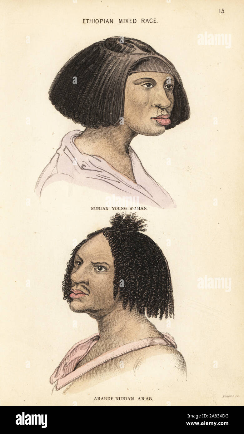 Young Nubian woman and Ababde man. Ethiopian mixed-race people. Handcoloured steel engraving by Lizars after an illustration by Charles Hamilton Smith from his Natural History of the Human Species, Edinburgh, W. H. Lizars, 1848. Stock Photo