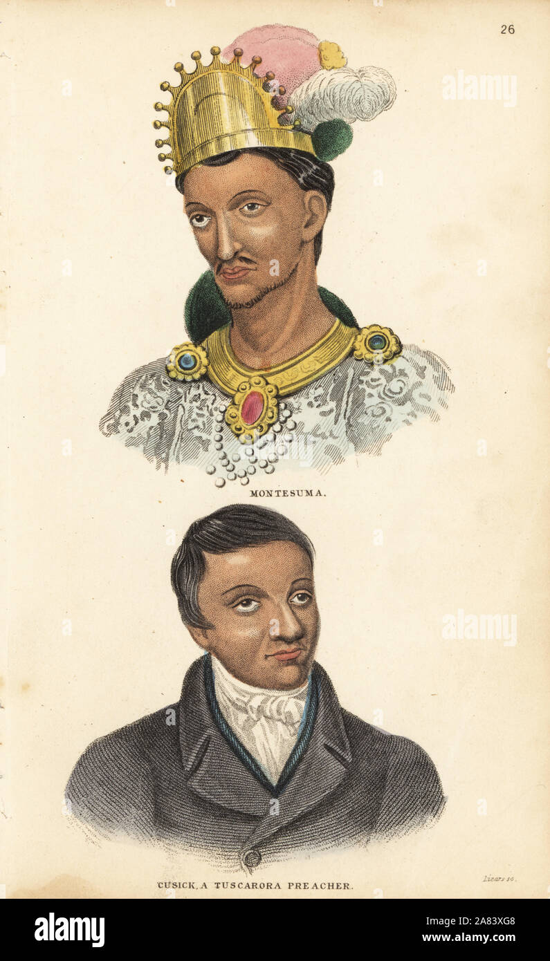 Portrait of Montezuma II, Aztec Emperor of Mexico, in gold crown and gorgette, and of David Cusick, a Tuscarora Baptist preacher and author, in western clothes. Handcoloured steel engraving by Lizars after an illustration by Charles Hamilton Smith from his Natural History of the Human Species, Edinburgh, W. H. Lizars, 1848. Stock Photo