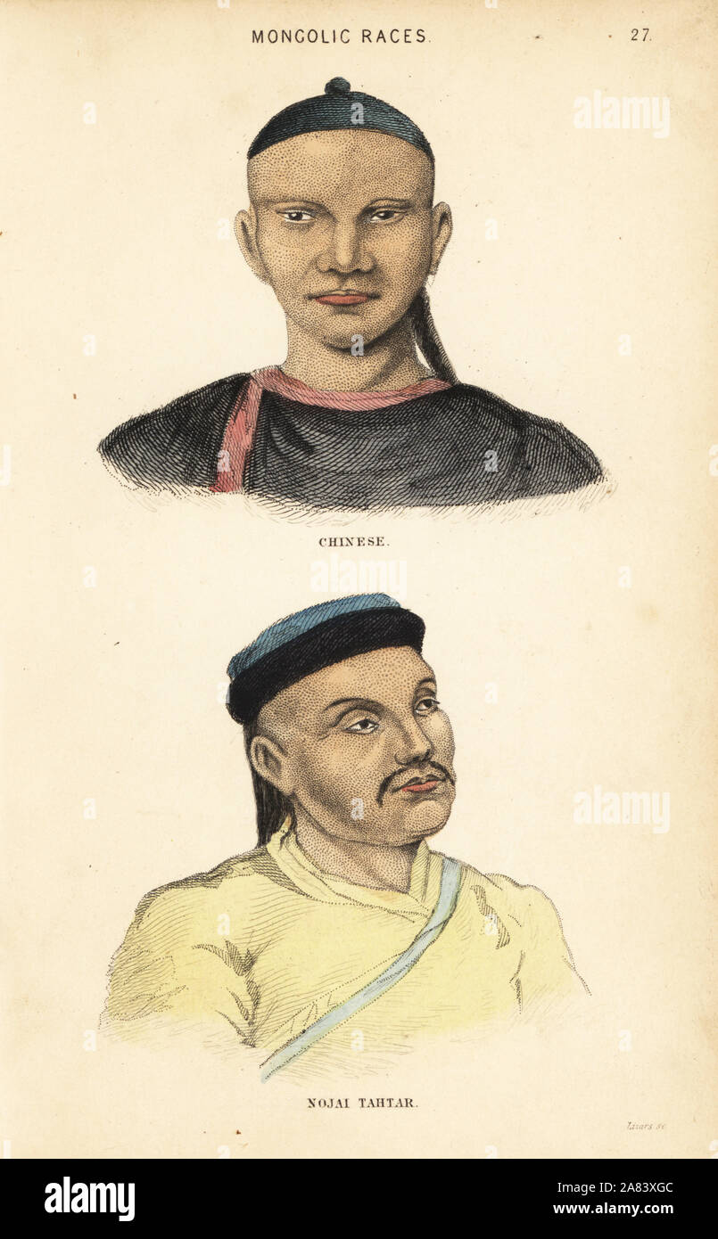 Chinese man and Tatar man of the Nogai Horde. Mongolic Races. Handcoloured steel engraving by Lizars after an illustration by Charles Hamilton Smith from his Natural History of the Human Species, Edinburgh, W. H. Lizars, 1848. Stock Photo