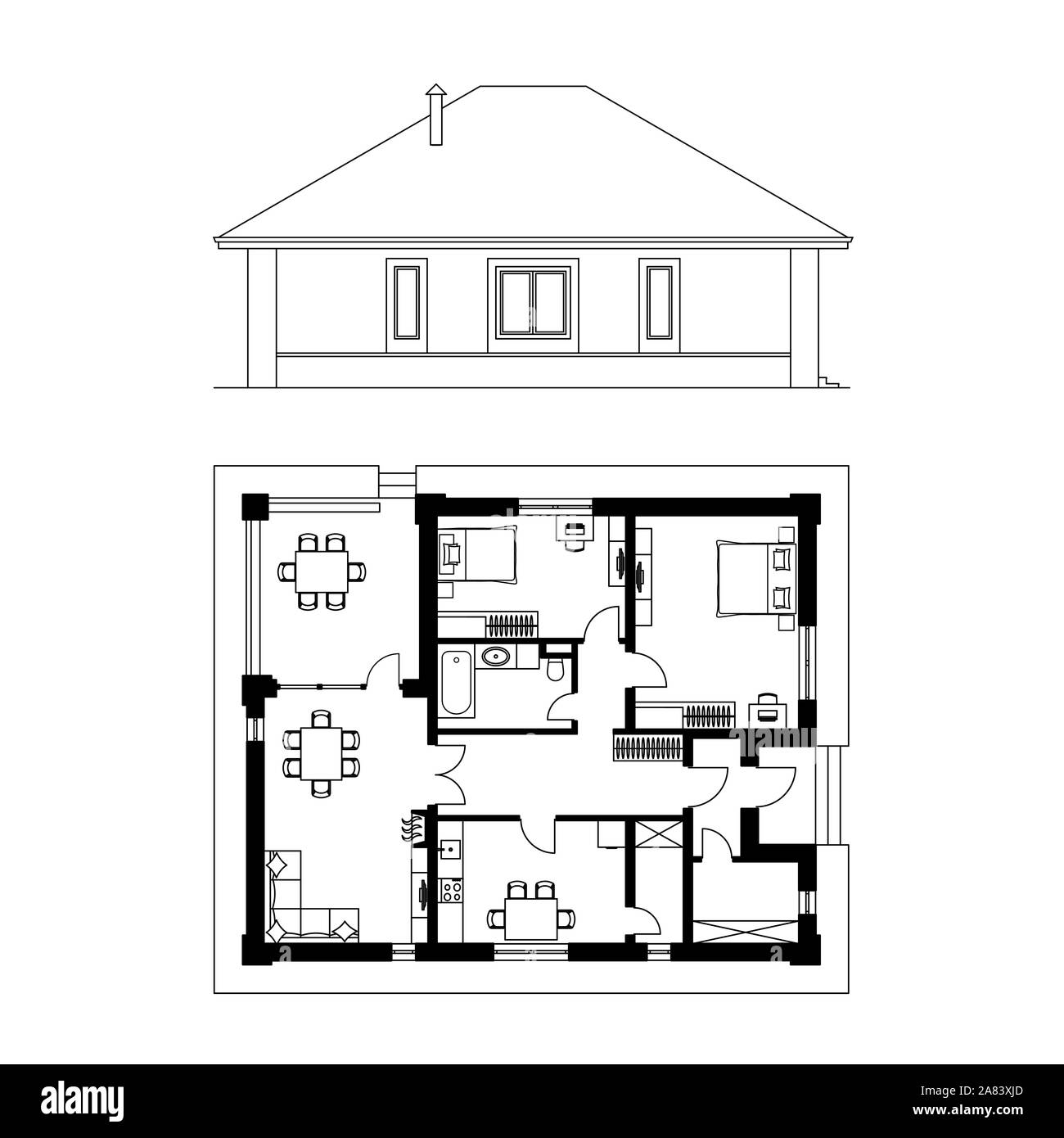 Architectural facade and plan of a house. The drawing of the cottage. Isolated on white background. Vector black illustration EPS10 Stock Vector