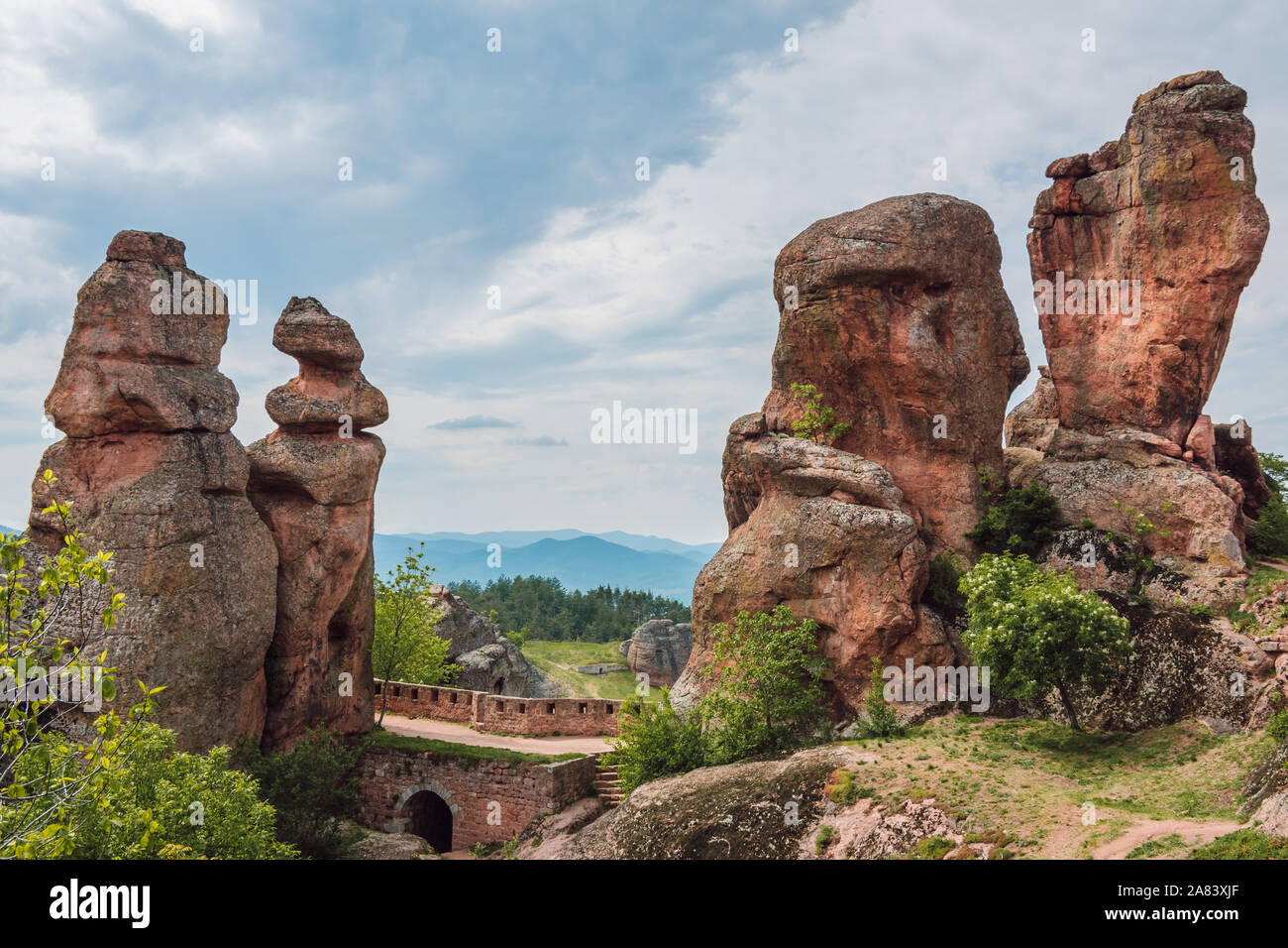 View of the Belogradchik Rocks, strangely shaped sandstone formation. Amazing rock formation, one for top nature landscape destination in Bulgaria. Stock Photo