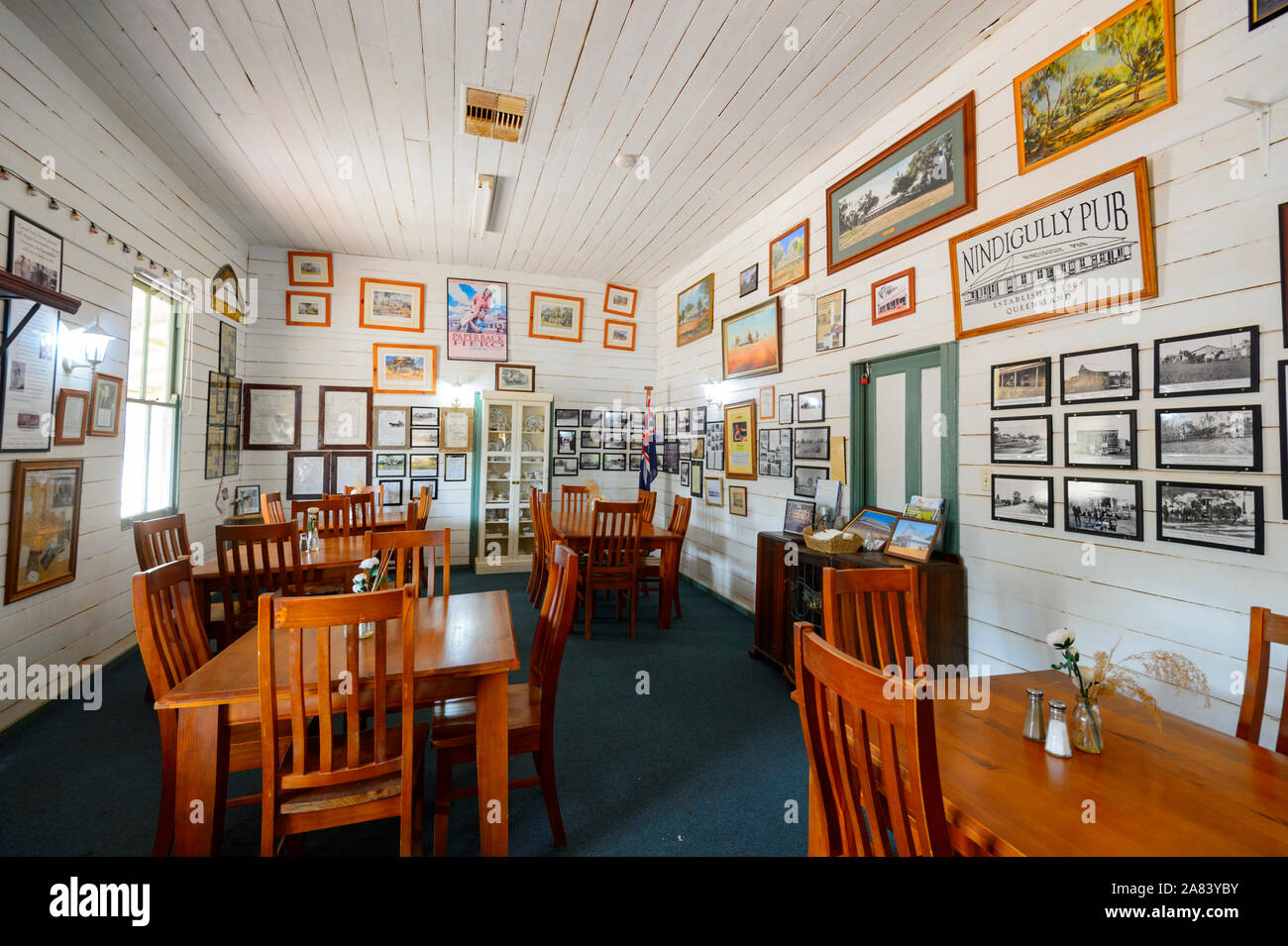 Room with memmorabilia inside the iconic bush pub Nindigully Pub, built 1864, Queensland, QLD, Australia Stock Photo