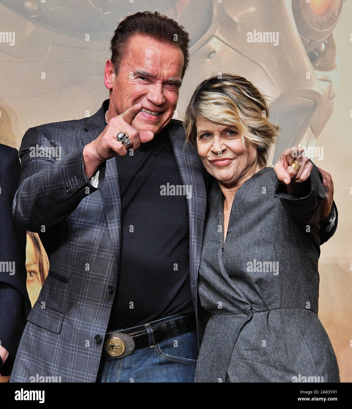 Actor Arnold Schwarzenegger(L) and actress Linda Hamilton attend the press conference for the film 'Terminator: Dark Fate' in Tokyo, Japan on November 5, 2019. Credit: AFLO/Alamy Live News Stock Photo