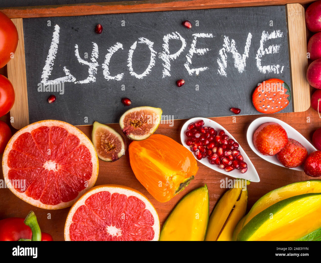 Fruits and vegetables containing lycopene. Healthy vegan food