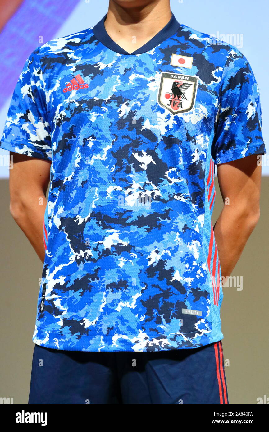 Tokyo, Japan. 6th Nov, 2019. A general view of the jersey during the  presentation of the Japan national soccer team's new kit for 2020 at JFA  House in Tokyo, Japan, November 6,